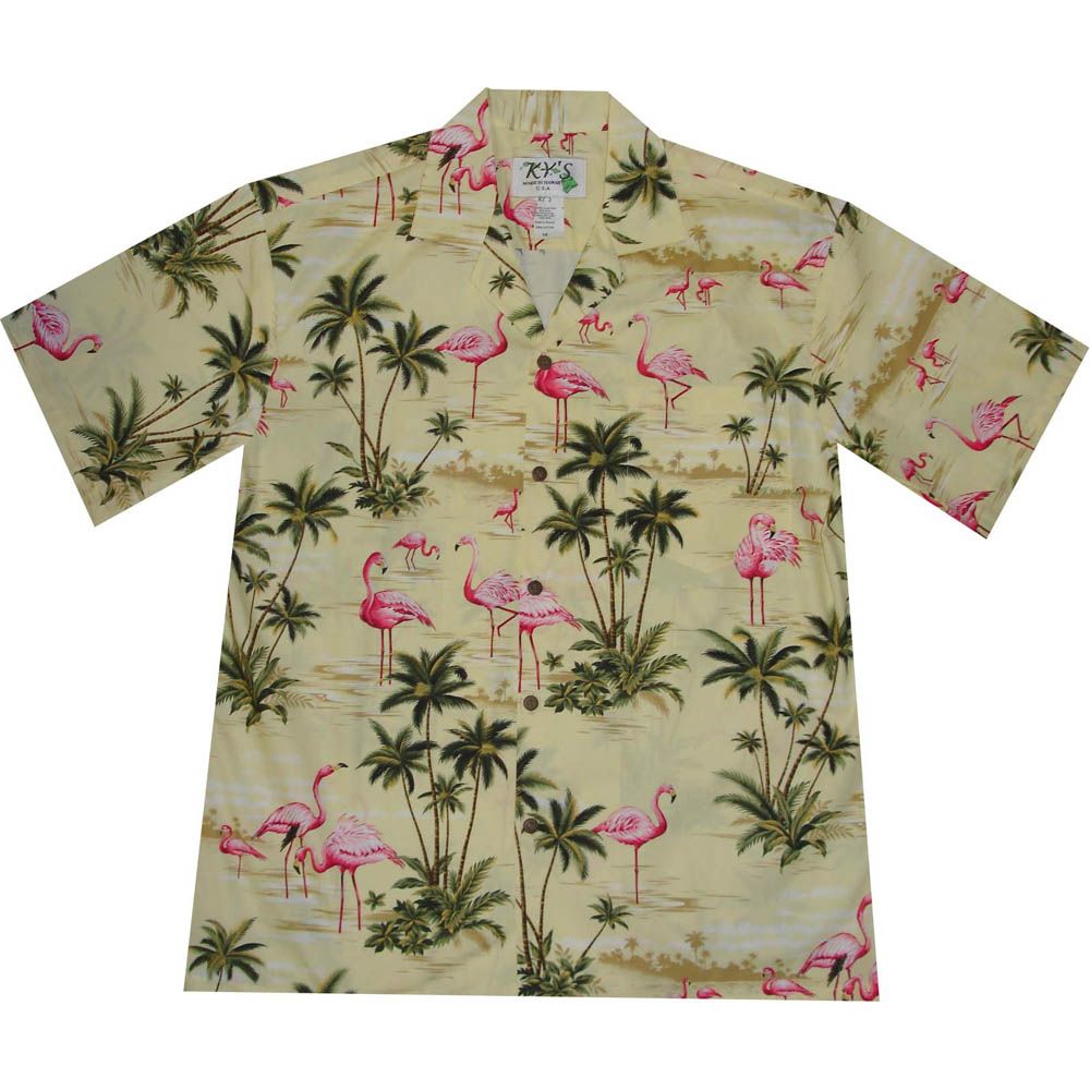 AL-406Y-Pink Flamingo Island Yellow Aloha Shirt