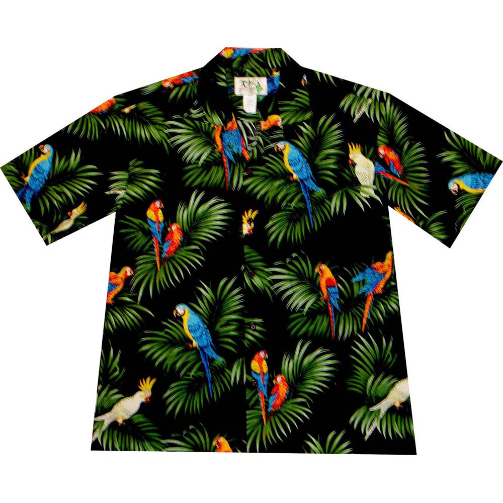 AL-422B-Parrot Palm Leaf Black Aloha Shirt