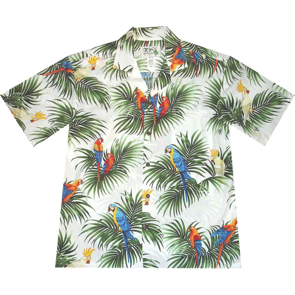 AL-422W - Parrot Palm Leaf White Aloha Shirt
