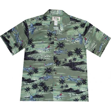 AL-429G- Planes Pearl Harbor Green Aloha Shirt