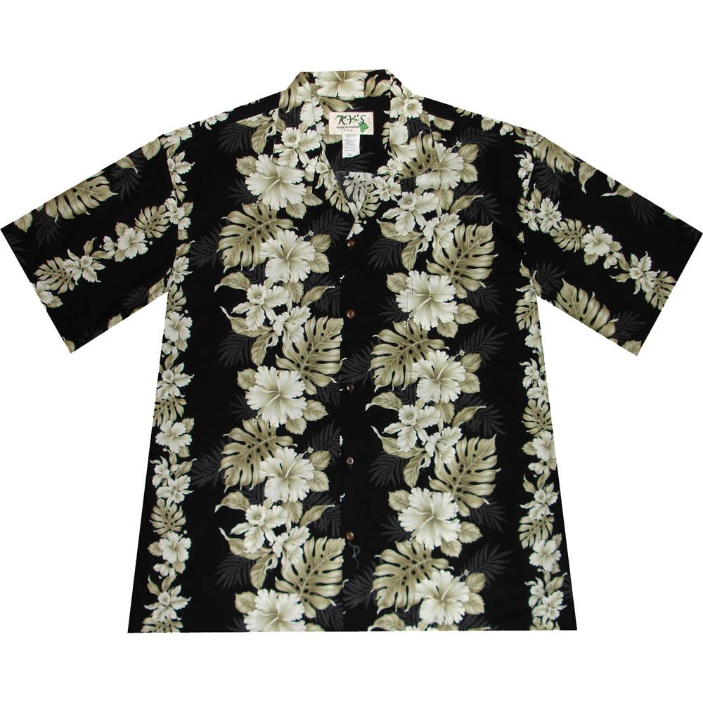 AL434B- Orchid Hibiscus Panel Black Aloha Shirt