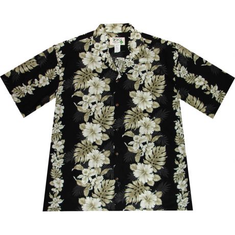 AL434B- Orchid Hibiscus Panel Black Aloha Shirt