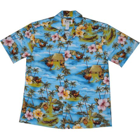 AL-525BL- Pali Lookout Rooster Blue Aloha Shirt