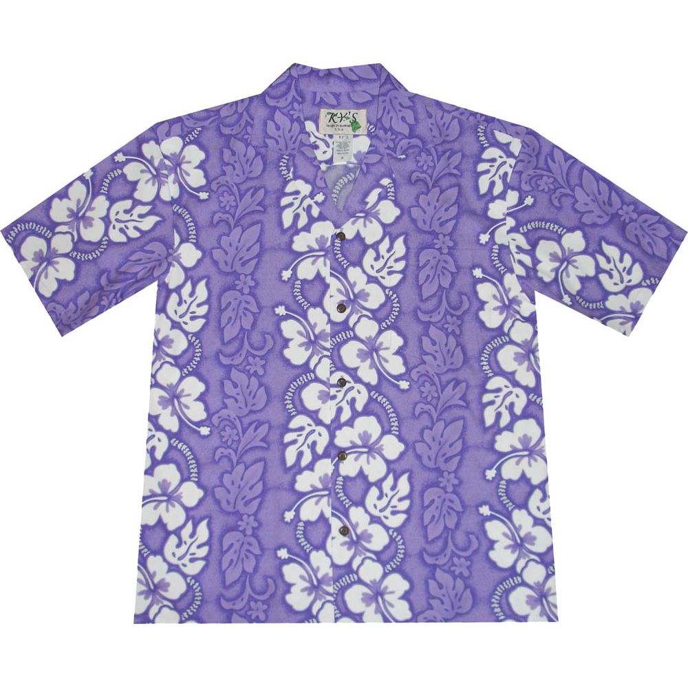 AL-213PP- White Hibiscus Panel Purple Cotton Mens Hawaiian Shirt