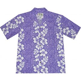 AL-213PP- White Hibiscus Panel Purple Cotton Mens Hawaiian Shirt