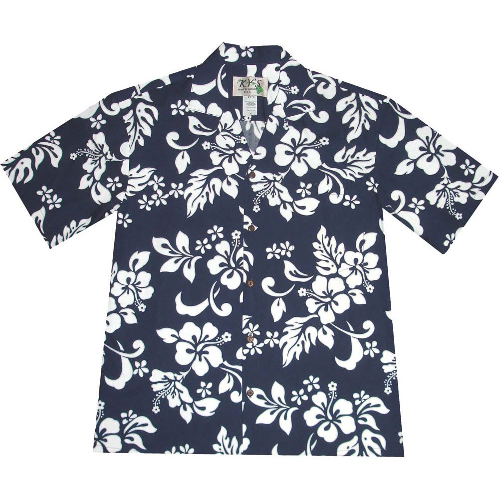 AL-354NB- Original Hibiscus Navy Cotton Mens Hawaiian Shirt