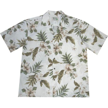 AL-403W- White Plumeria and Hibiscus Cotton Mens Hawaiian Shirt