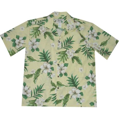 AL-403Y- Plumeria & Hibiscus Yellow Cotton Mens Hawaiian Shi