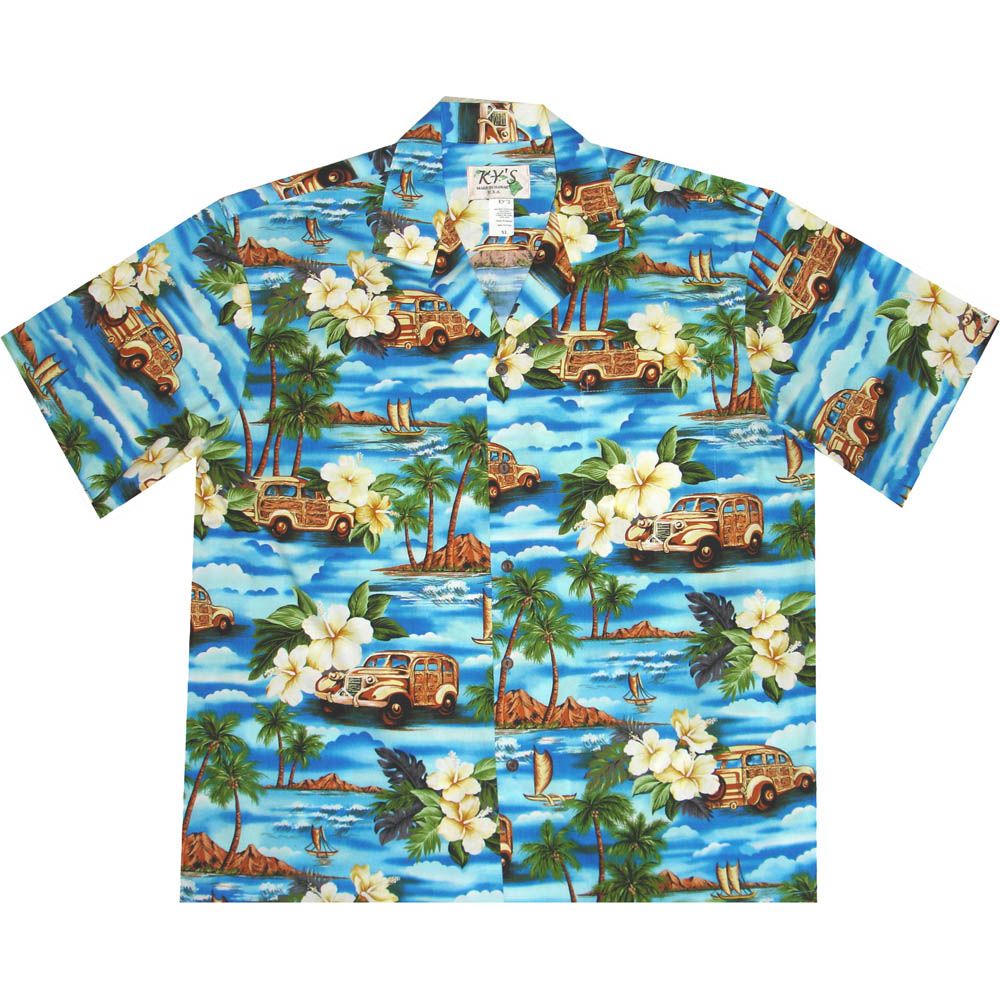 AL-404BL- Woody Island Blue Aloha Shirt