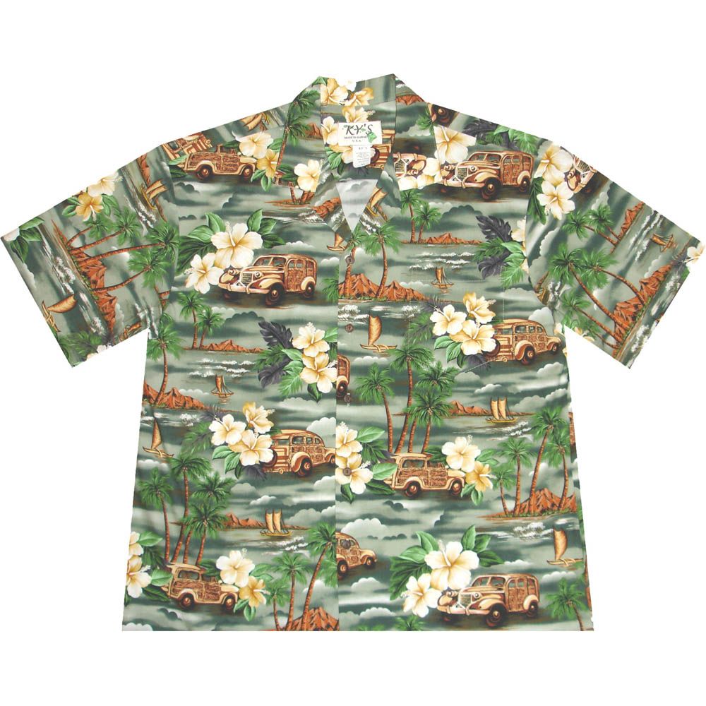 AL-404G- Woody Island Green Aloha Shirt