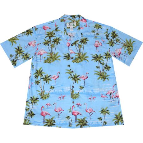 AL-406BL- Pink Flamingo Island Blue Aloha Shirt