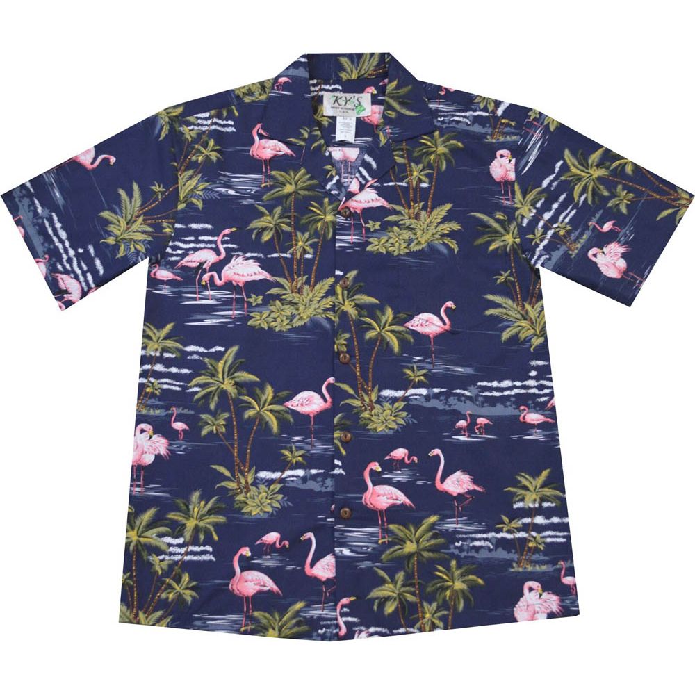 AL-406NB- Pink Flamingo Island Navy Aloha Shirt