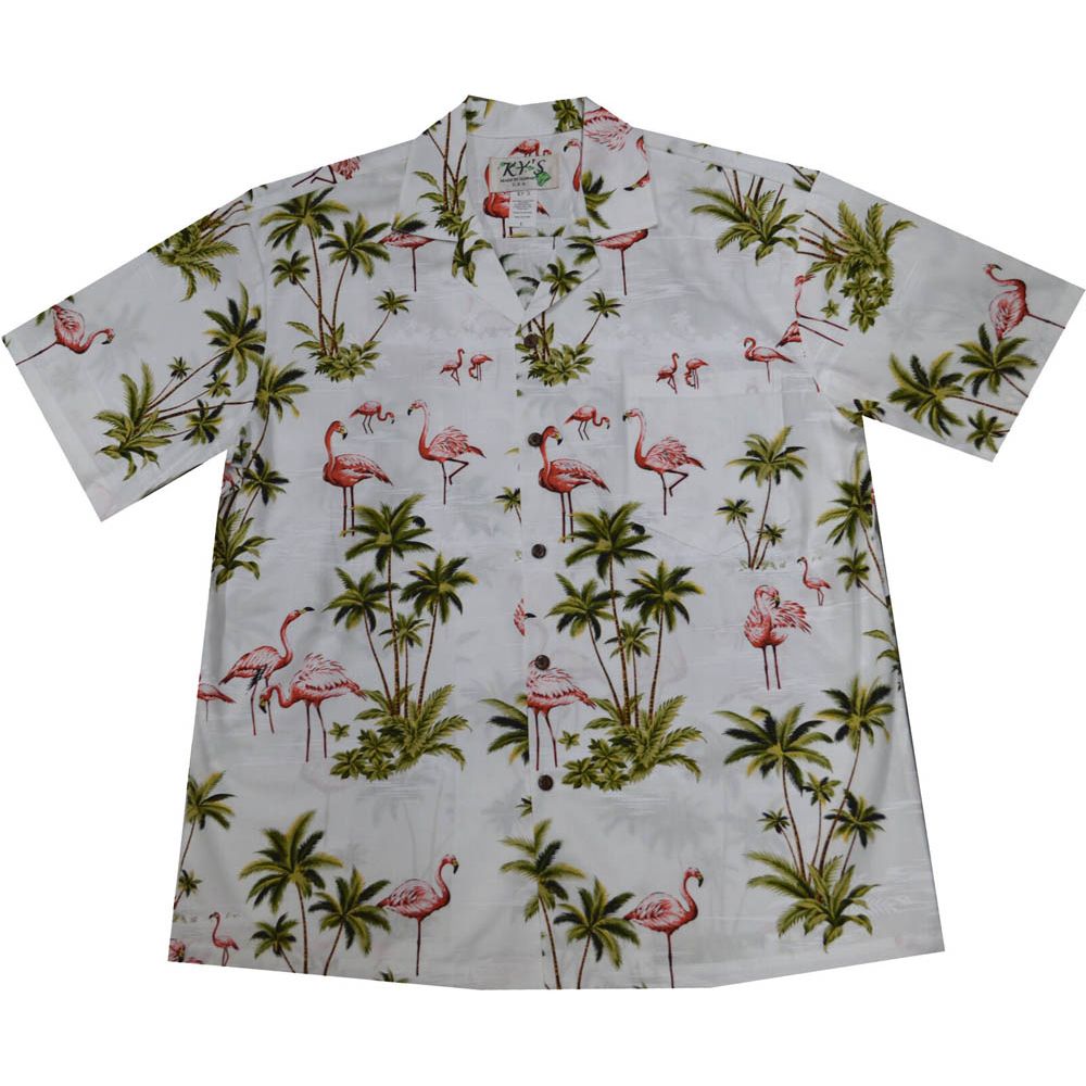 AL-406W- Pink Flamingo Island White Aloha Shirt