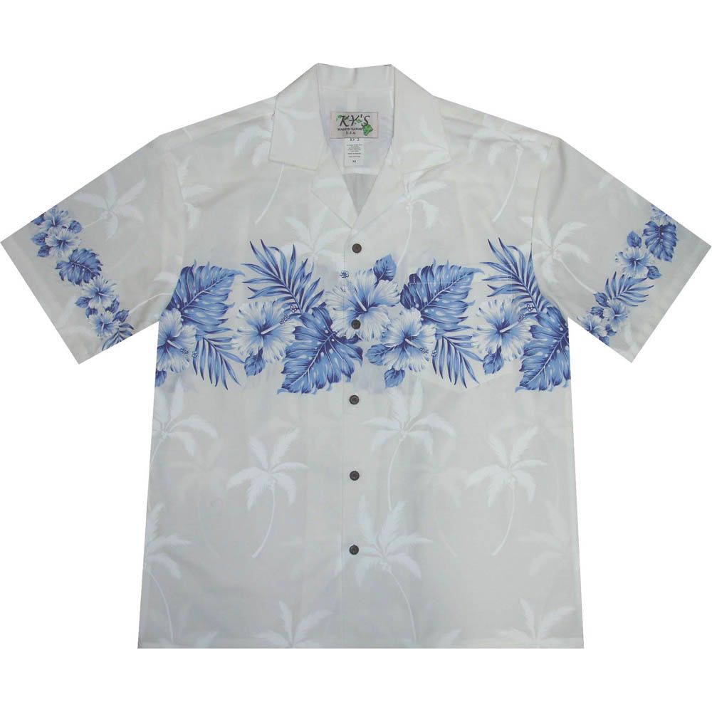 AL-412 WN Vintage-Hibiscus-Chest-Band-White-Hawaiian-Shirt
