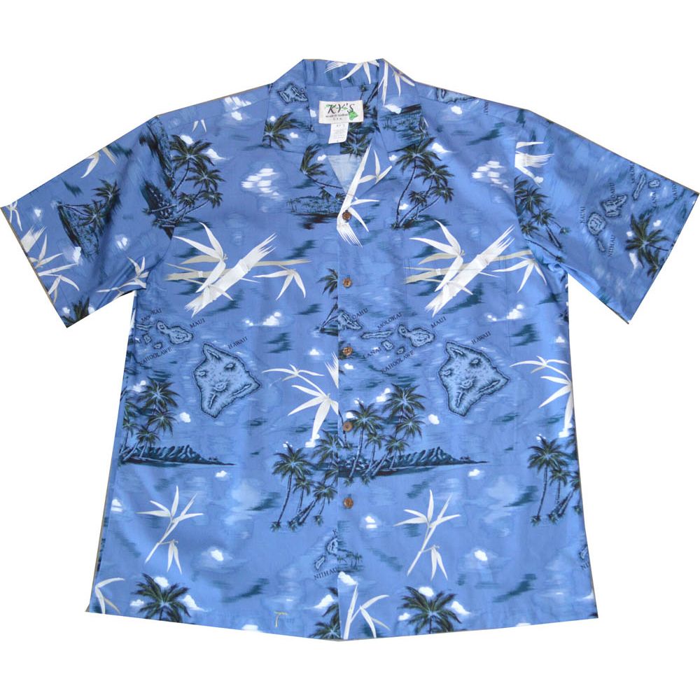 AL -043NB- Bamboo Blue Cotton Mens Hawaiian Shirt