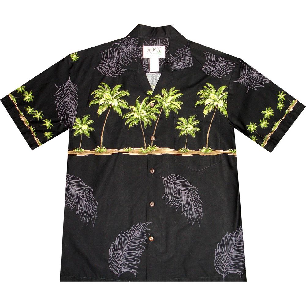 AL-433 B Palm-Trees-Chest-band-Black-Hawaiian-Shirt