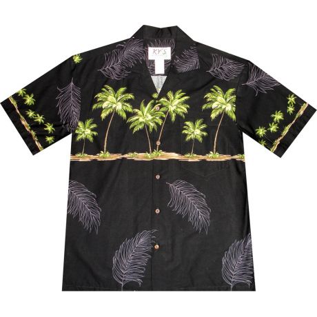 AL-433 B Palm-Trees-Chest-band-Black-Hawaiian-Shirt