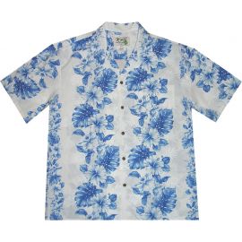 AL-434WN-Orchid Hibiscus Panel White Blue Aloha Shirt