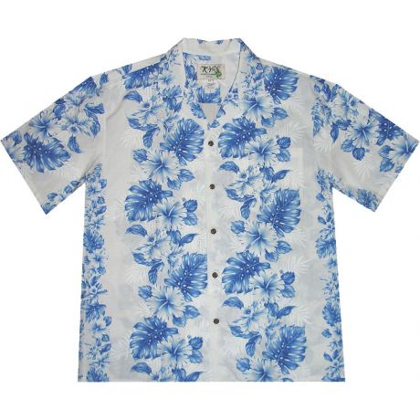AL-434WN-Orchid Hibiscus Panel White Blue Aloha Shirt