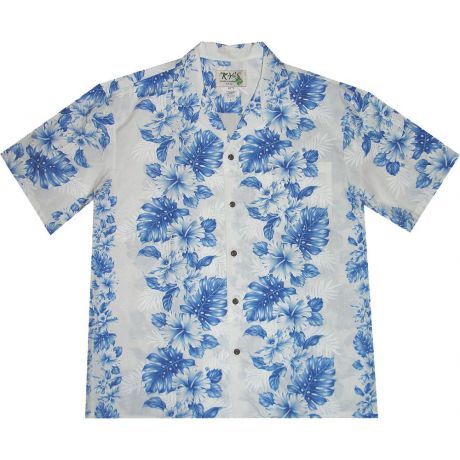 AL-434WN-Orchid Hibiscus Panel White Blue Aloha Shirt