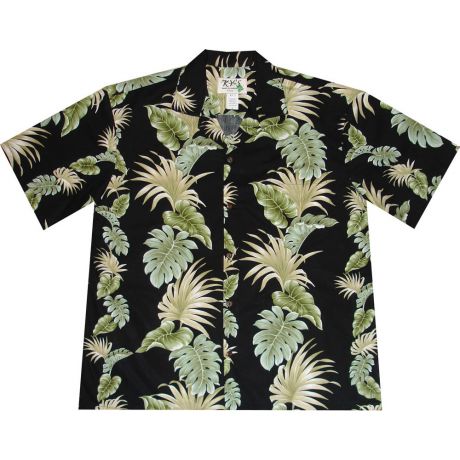 AL-438B- Hawaii Leaf Panel Black Aloha Shirt