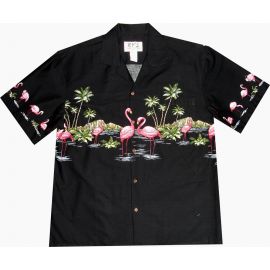 AL-447 B Flamingo Paradise Island Chest band Black Aloha Shirts