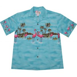 AL-447 AQ Flamingo Paradise Island Chest band Navy Aloha Shirts