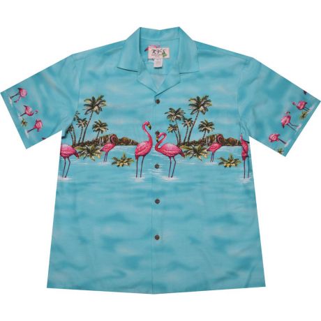 AL-447 AQ Flamingo Paradise Island Chest band Navy Aloha Shirts