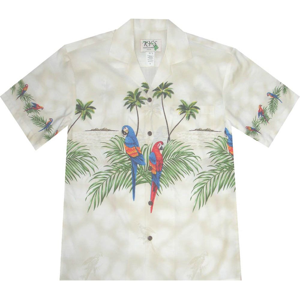 AL-453 W- Parrot Island White Cotton Mens Aloha Shirt