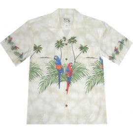 AL-453 W- Parrot Island White Cotton Mens Aloha Shirt