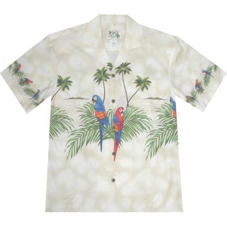 AL-453 W- Parrot Island White Cotton Mens Aloha Shirt