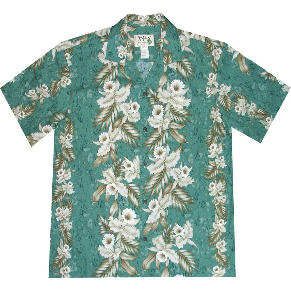 AL-456G - Pern Orchid Panel Green Aloha Shirt