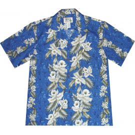 AL-456NB - Pern Orchid Panel Navy Aloha Shirt