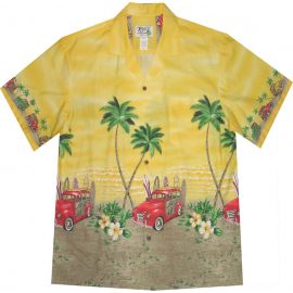 AL-467Y - Woody Car Beach Yellow Cotton Mens Aloha Shirt