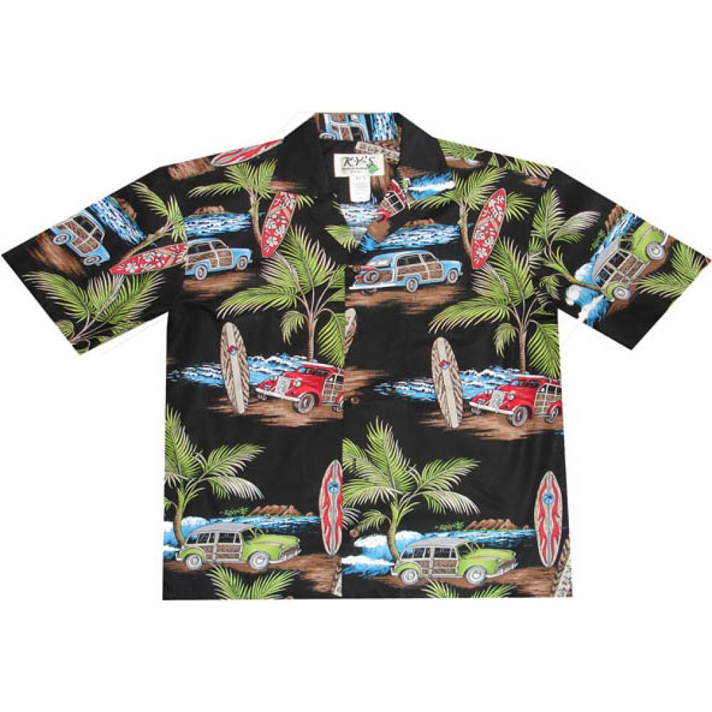 AL484B -Woody Surfboad Black Aloha Shirt