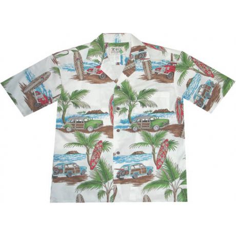 AL-484W-Woody Surfboard White Aloha Shirt