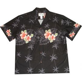 AL-501 B 50TH State Floral Black Hawaiian Shirt