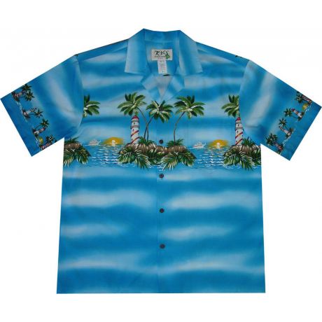 AL-507BL- Lighthouse Island Blue Hawaiian Shirt