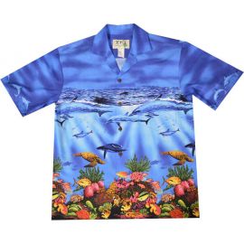 AL-514NB- Whale On Sea Life  Navy Blue Hawaiian Shirt