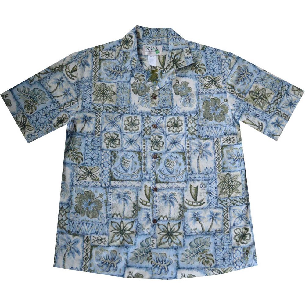 AL - 519 BL-Samoan Tapa Blue Aloha Shirt