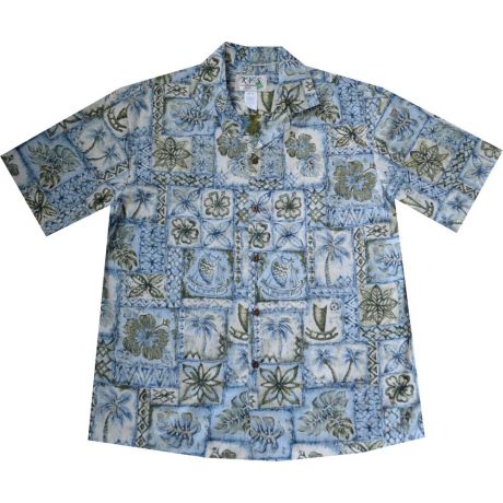 AL - 519 BL-Samoan Tapa Blue Aloha Shirt