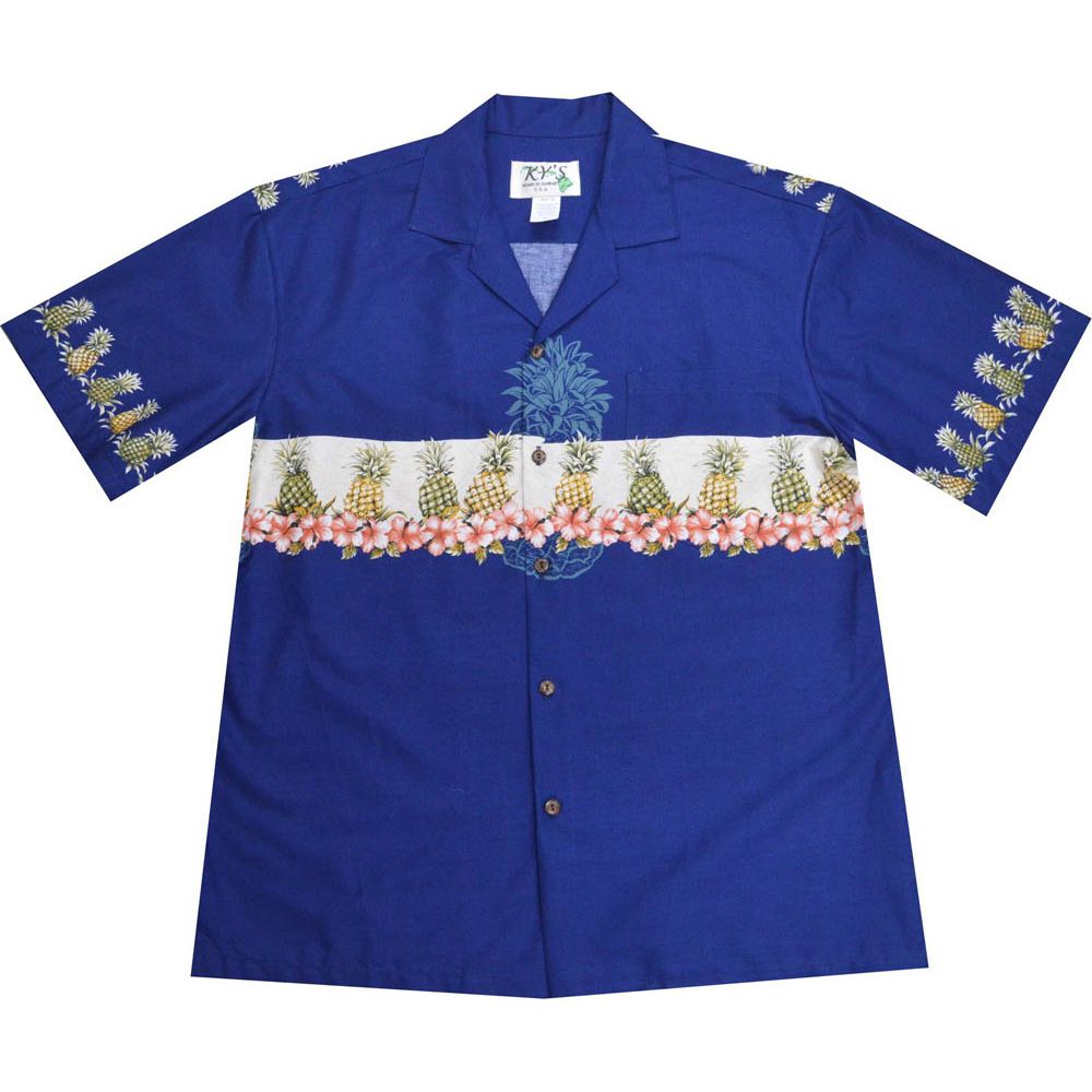 AL-520NB - Border Pineapple Navy Cotton Mens Hawaiian Shirt