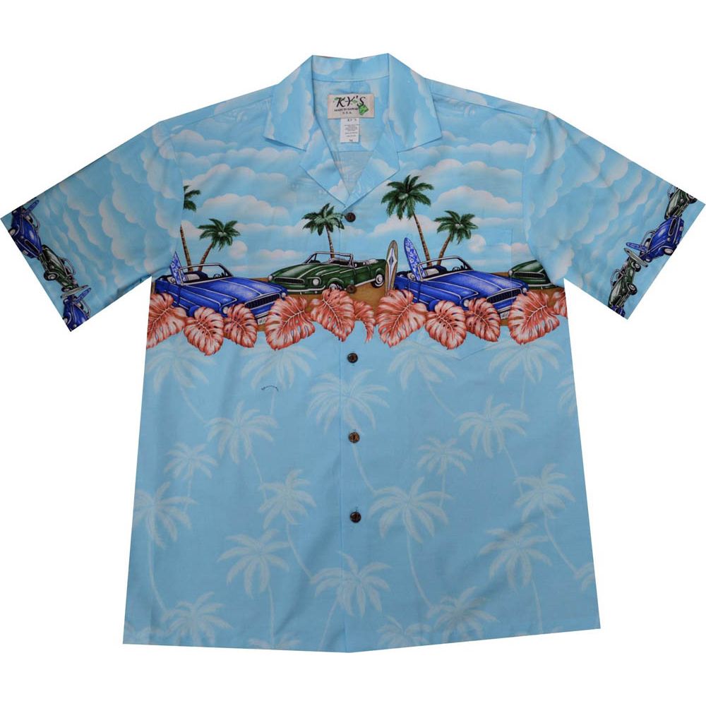 AL-522TU-Border Muscle Car Turq Cotton Mens Hawaiian Shirt