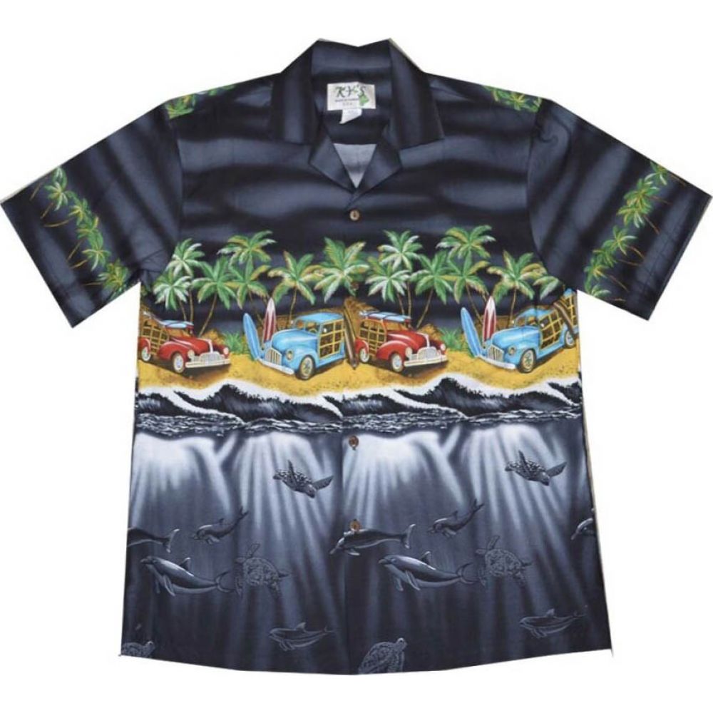 AL-536B -  Woody Cars Panoramic Beach Black Cotton Mens Aloha Sh