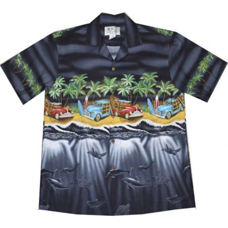 AL-536B -  Woody Cars Panoramic Beach Black Cotton Mens Aloha Sh