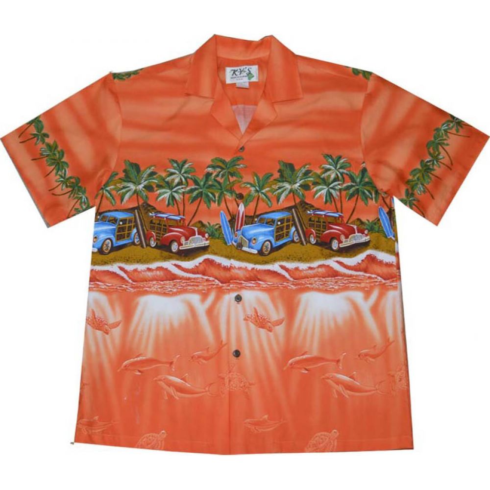 AL-536OR-  Woody Cars Panoramic Beach Orange Cotton Mens Aloha S
