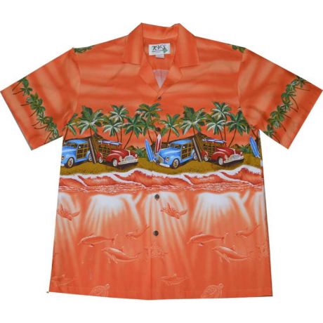 AL-536OR-  Woody Cars Panoramic Beach Orange Cotton Mens Aloha S