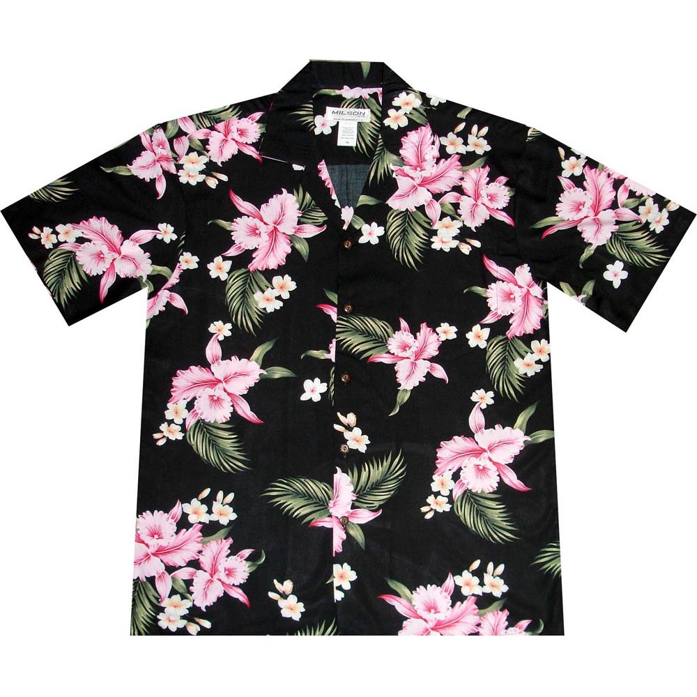 AL-815BP - Paumalu Pink Orchid Black Rayon Mens Aloha Shirt