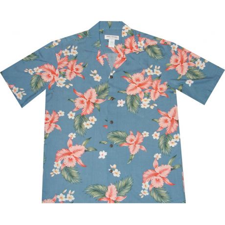 AL-815BL - Paumalu Pink Orchid Blue Rayon Mens Aloha Shirt