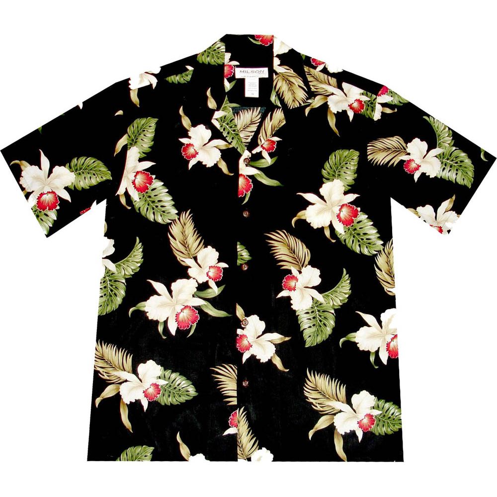 AL-816B - Makaha Orchid Black Rayon Mens Aloha Shirt